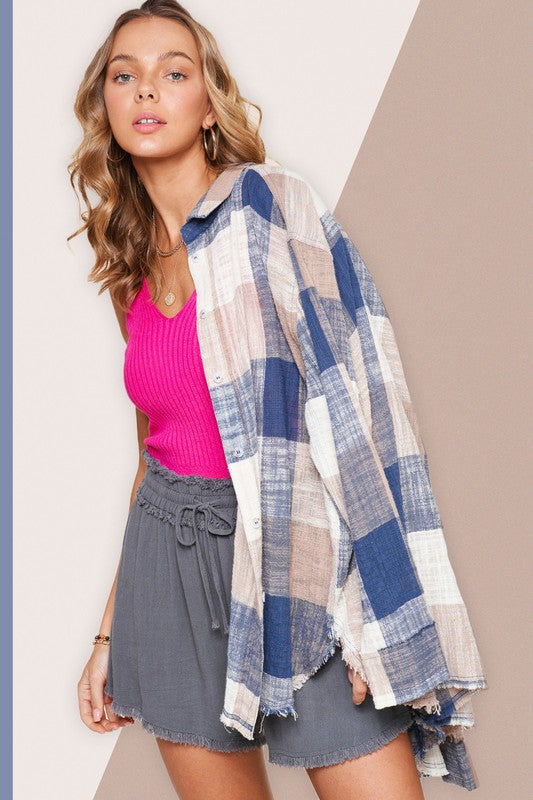 SPRING PLAID BUTTON DOWN TAUPE/ROYAL BLUE Shai Blu