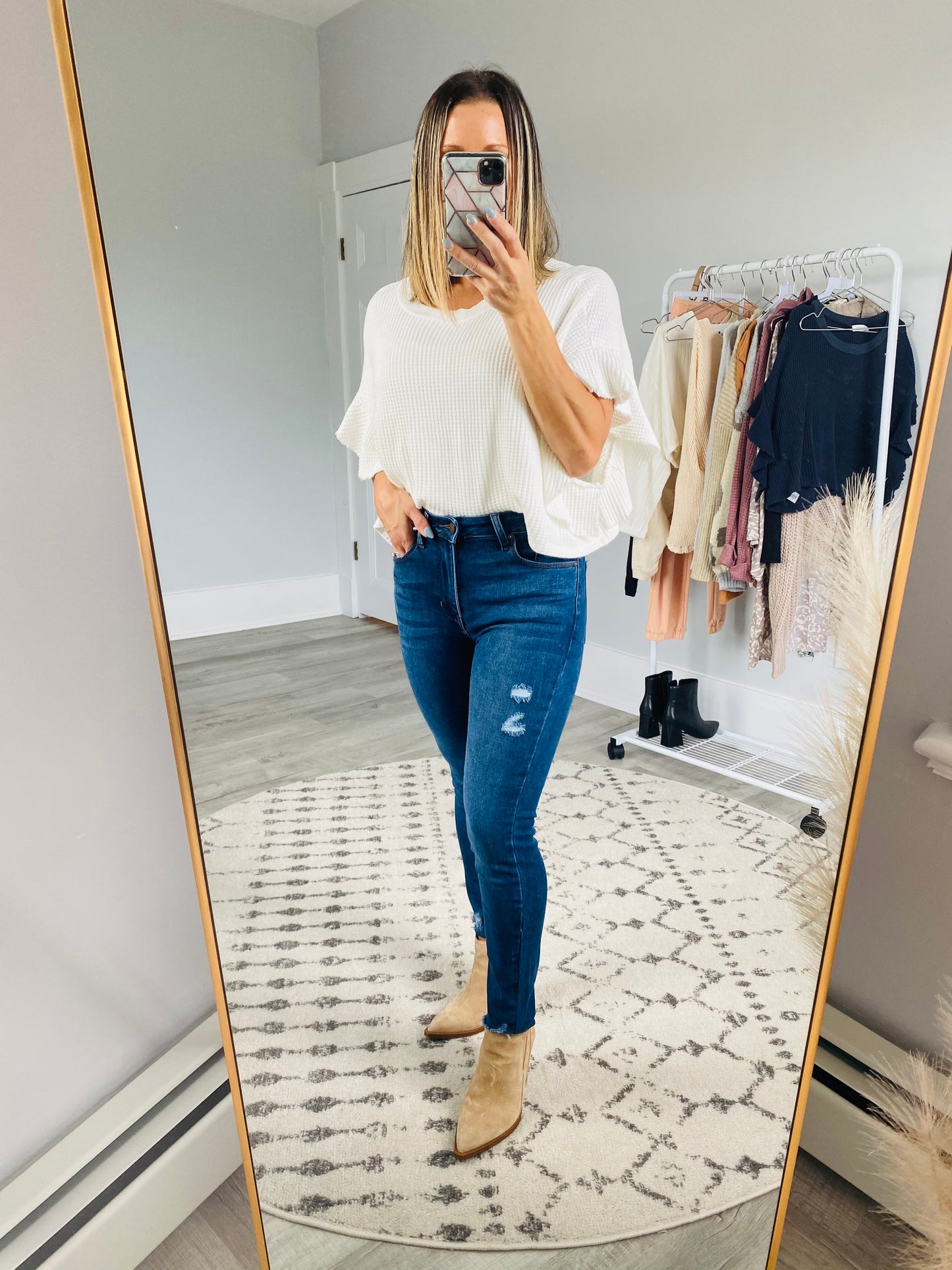 RUFFLE SLEEVE WAFFLE KNIT TOP WHITE Shai Blu