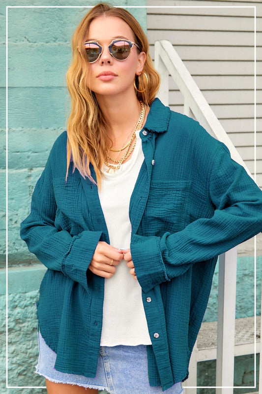 *GAUZE BUTTON DOWN TEAL GREEN Shai Blu