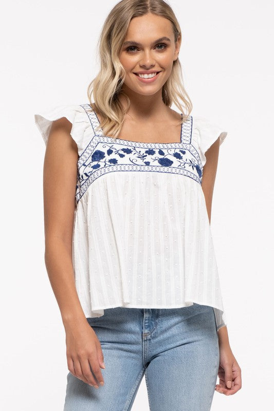 EMBROIDERED FLORAL DETAIL TOP WHITE/BLUE Shai Blu