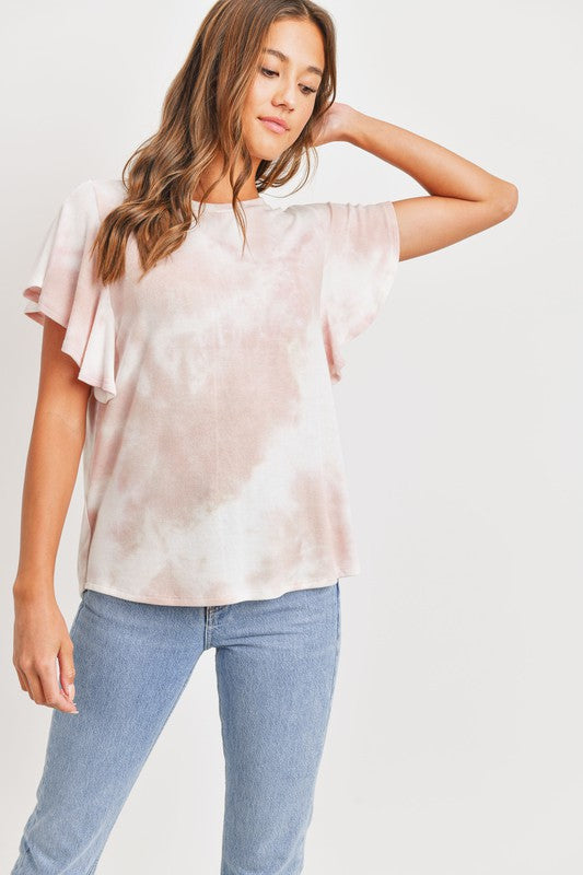 FLUTTER SLEEVE KNIT TOP TIE DYE BLUSH Shai Blu