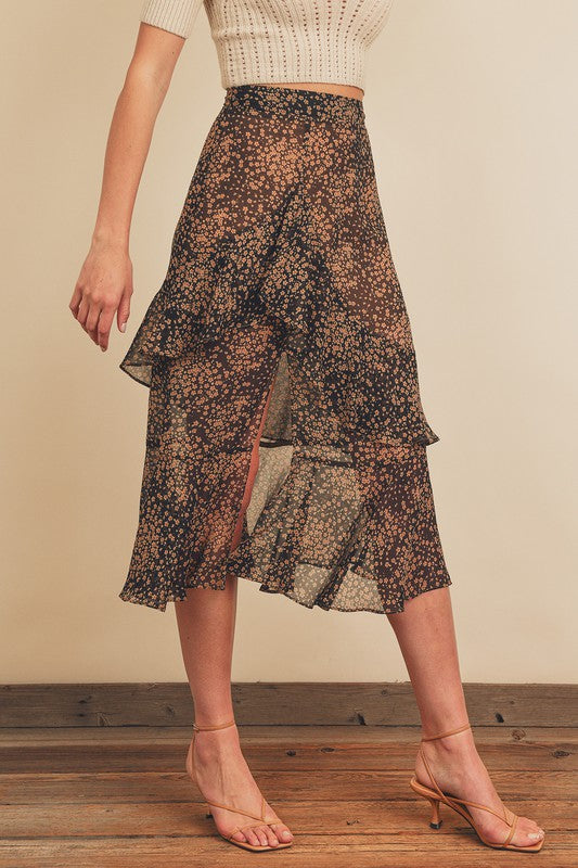 FLORAL TIERED MIDI SKIRT BLACK/BEIGE/CLAY Shai Blu