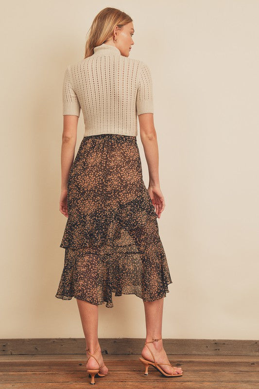 FLORAL TIERED MIDI SKIRT BLACK/BEIGE/CLAY Shai Blu