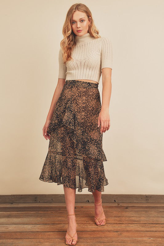 FLORAL TIERED MIDI SKIRT BLACK/BEIGE/CLAY Shai Blu