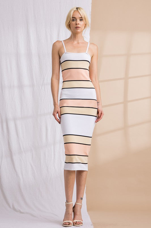 STRIPED RIBBED MIDI DRESS WHITE/TAUPE/CORAL Shai Blu