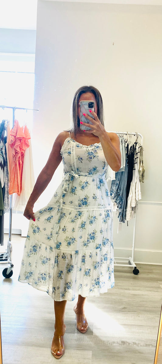 FLORAL MIDI DRESS WHITE/BLUE Shai Blu