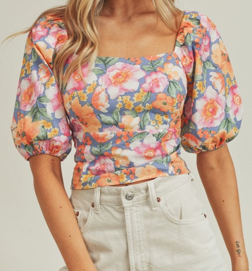 FLORAL PUFF SLEEVE TOP BLUE-PINK MULTI Shai Blu