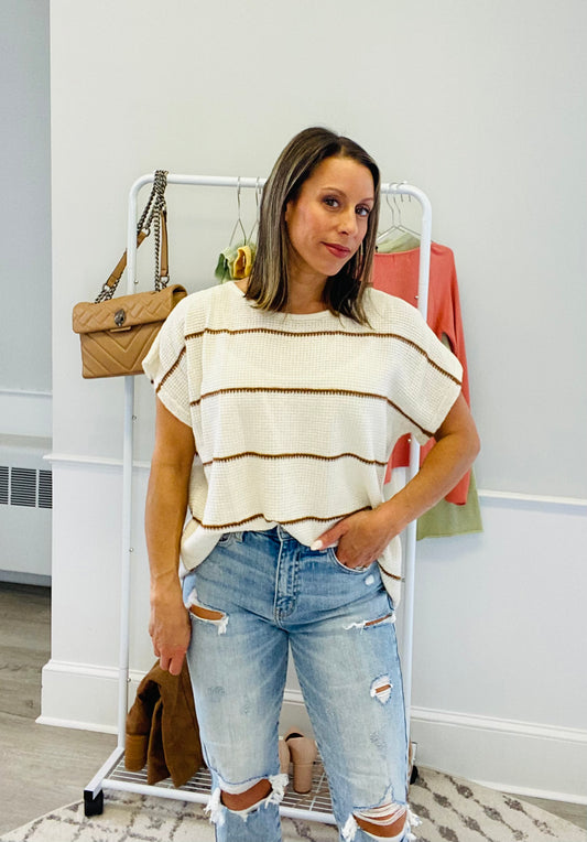 TEXTURED DOLMAN SLEEVE KNIT TOP IVORY/BRICK Shai Blu